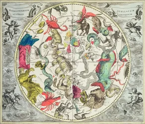 Karta över södra halvklotet, ur ”Den himmelska atlasen, eller Universums harmoni” (Atlas coelestis seu harmonia macrocosmica), utgiven av Joannes Janssonius, Amsterdam, 1660-61